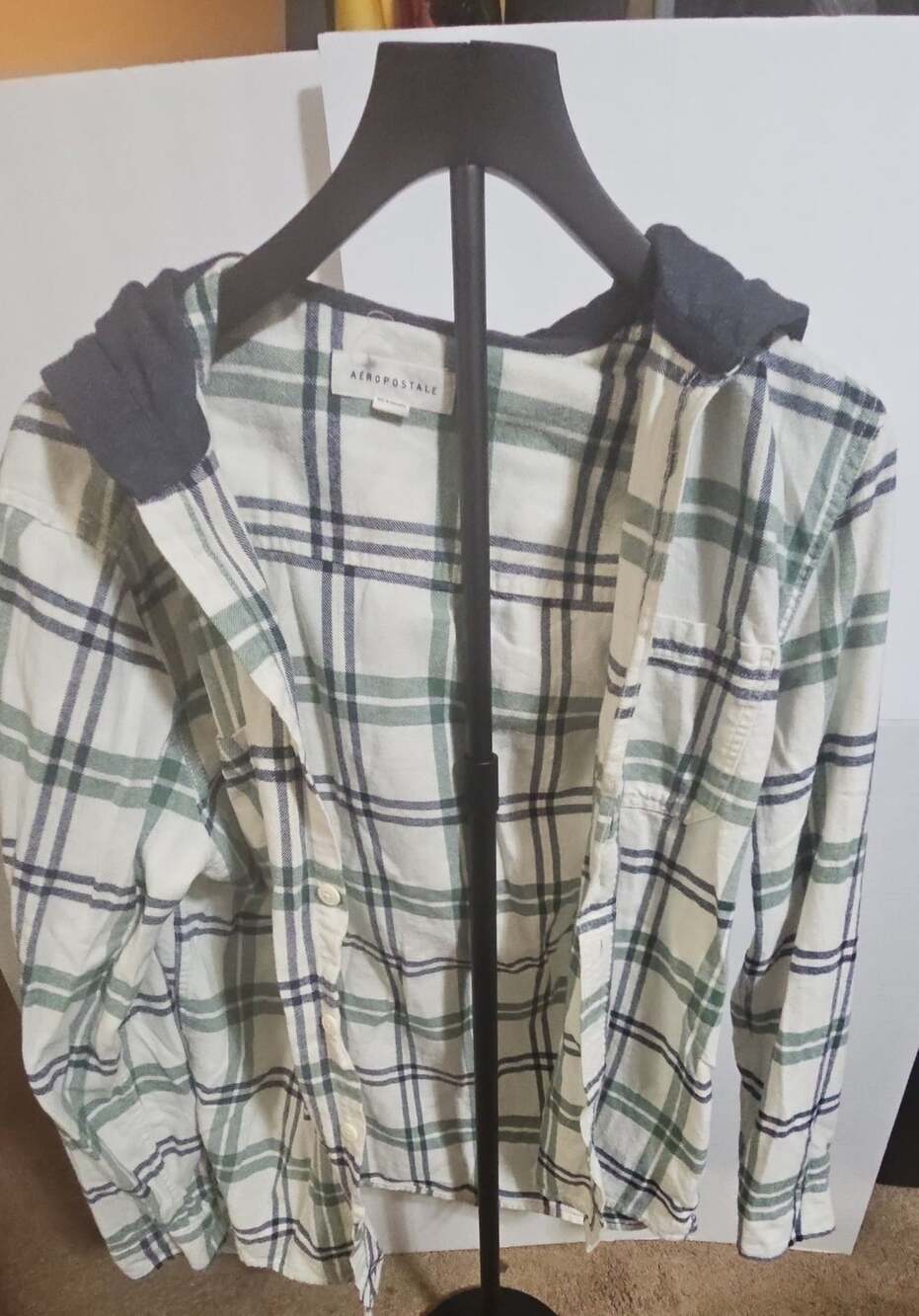 Aeropostale Hooded Flannel Shirt Size S Green Blue Plaid Button Up